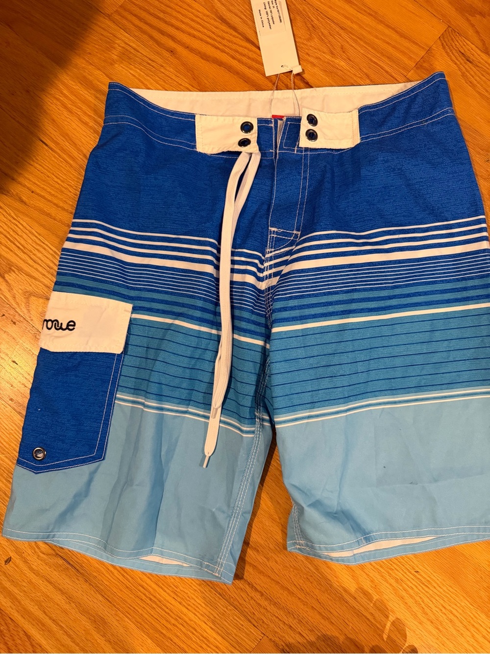 Men's Blue Striped Board Shorts with Drawstring Waist